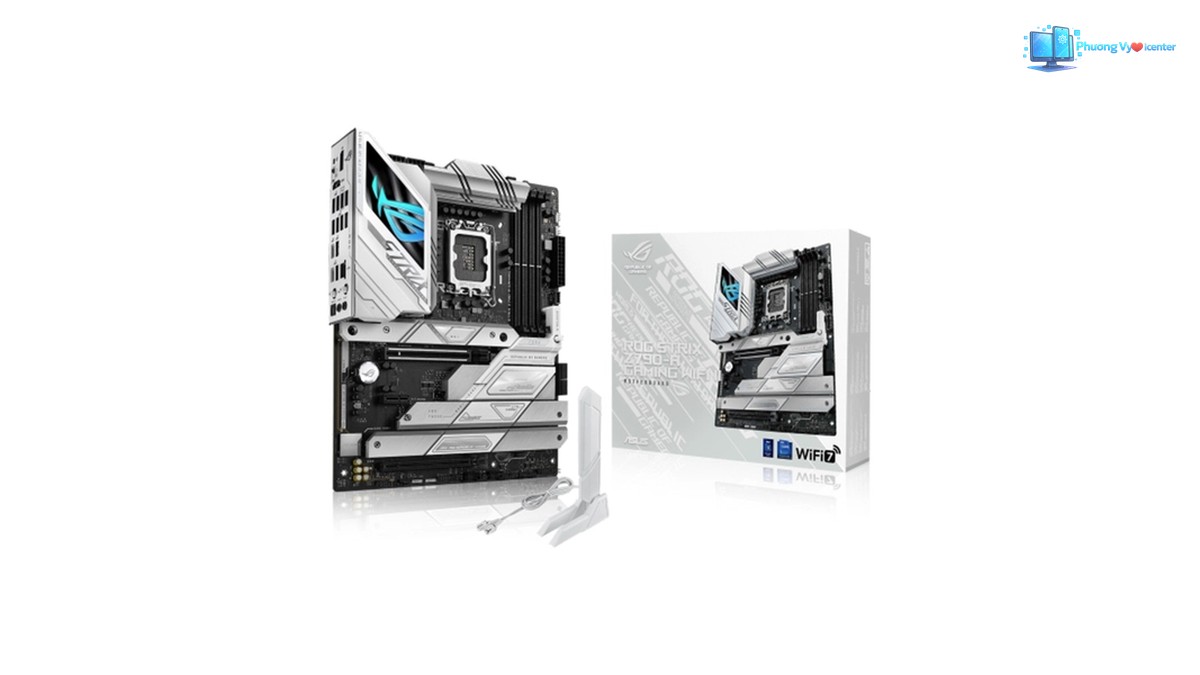 ASUS ROG STRIX Z790-A GAMING WIFI II đặt cạnh hộp sản phẩm và ăng-ten Wi-Fi trắng