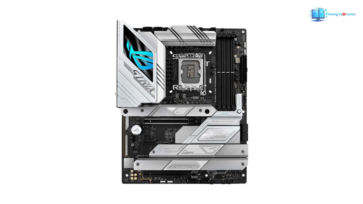 ASUS ROG STRIX Z790-A GAMING WIFI II nhìn thẳng với socket CPU, khe RAM và các tấm tản nhiệt