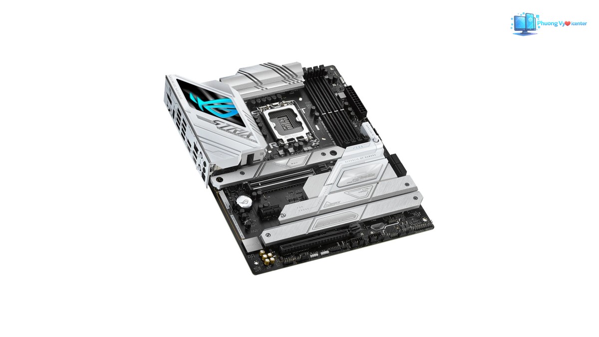 ASUS ROG STRIX Z790-A GAMING WIFI II đặt nghiêng, thể hiện socket CPU và các khe RAM