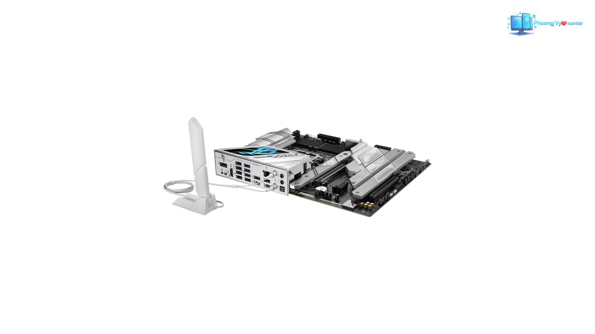 ASUS ROG STRIX Z790-A GAMING WIFI II nhìn nghiêng thấp, kèm ăng-ten Wi-Fi trắng