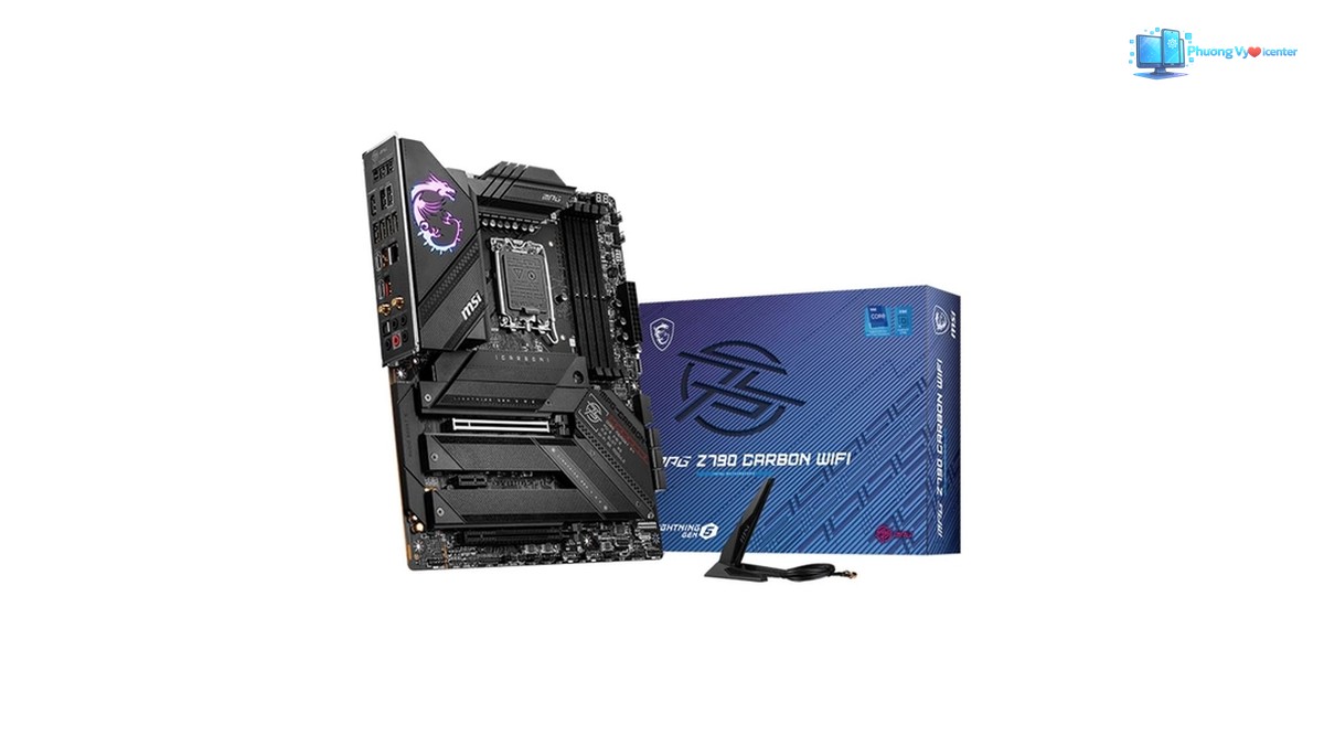 MSI MPG Z790 CARBON WIFI đặt cạnh hộp sản phẩm và ăng-ten Wi-Fi trên nền trắng