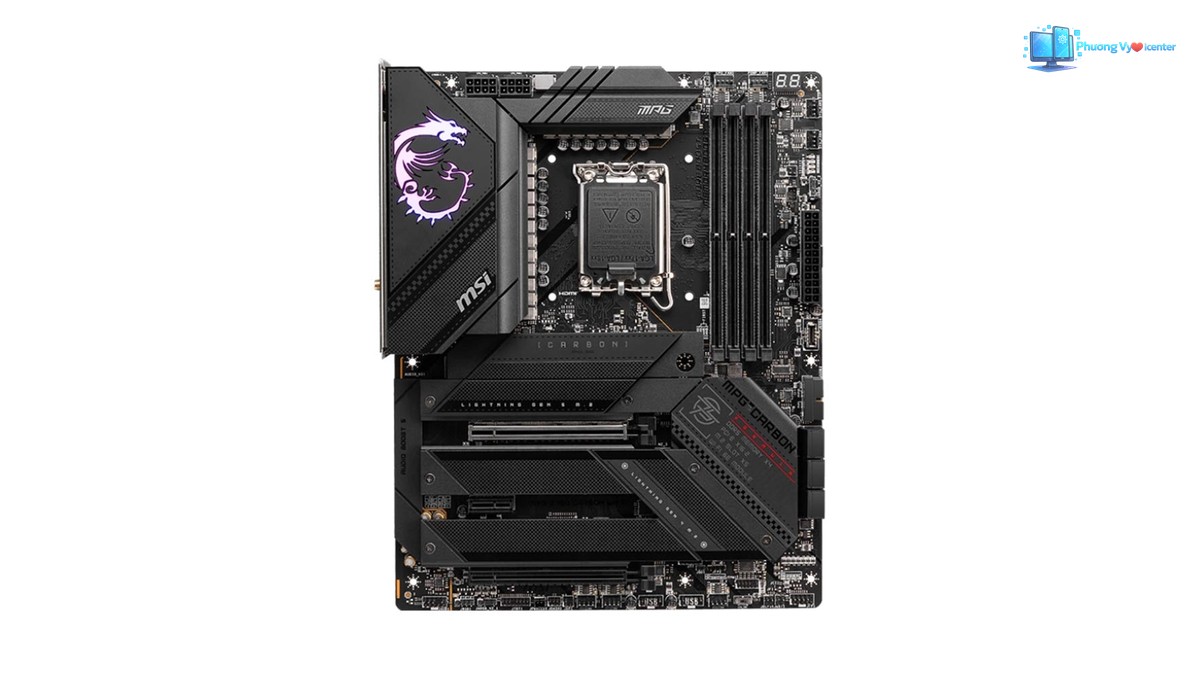 MSI MPG Z790 CARBON WIFI nhìn thẳng, thấy socket CPU, khe RAM và các khe mở rộng