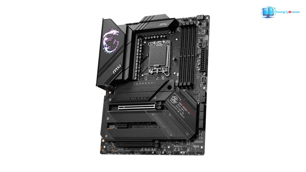 MSI MPG Z790 CARBON WIFI chụp nghiêng, thấy tản nhiệt, socket CPU và khe RAM