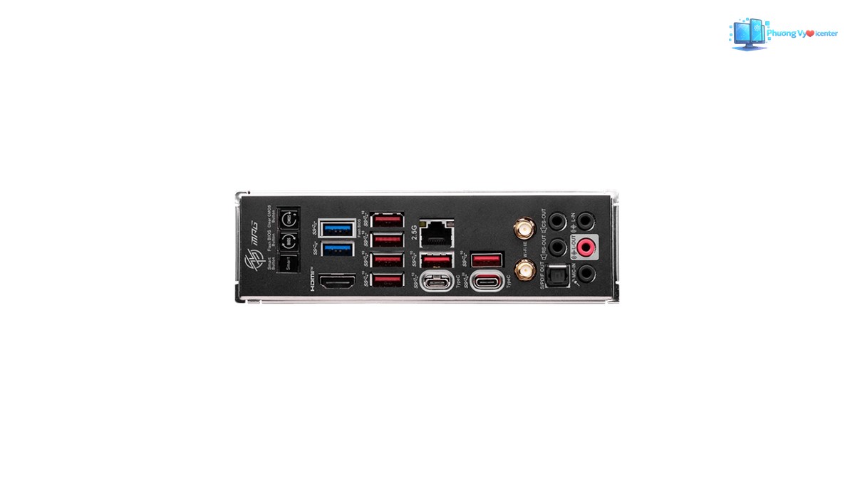MSI MPG Z790 CARBON WIFI cận cảnh cổng USB, mạng, âm thanh và đầu nối ăng-ten
