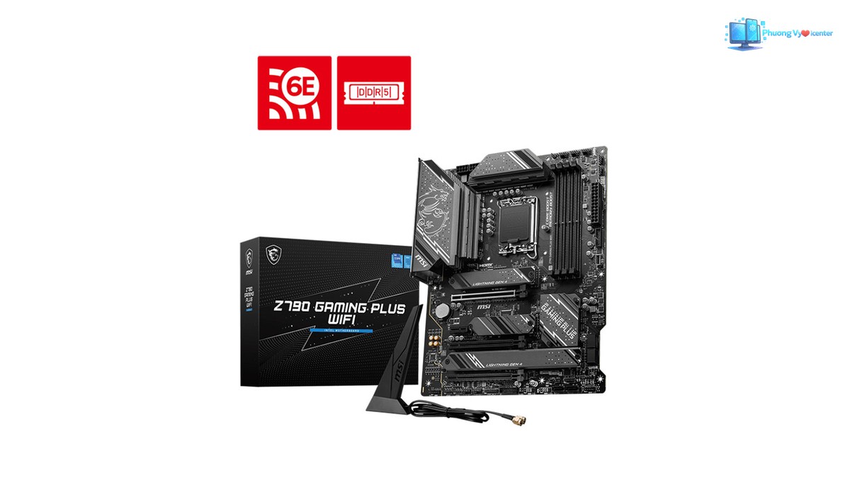 MSI Z790 GAMING PLUS WIFI cùng hộp sản phẩm và ăng-ten Wi-Fi trên nền trắng