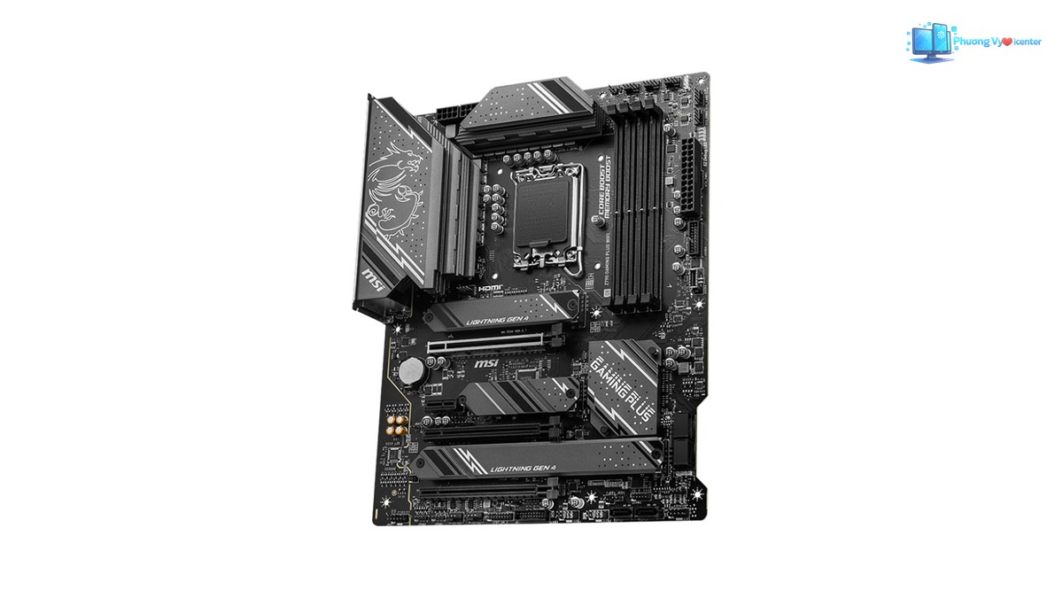MSI Z790 GAMING PLUS WIFI chụp nghiêng nhẹ, thấy socket CPU, khe RAM và các tản nhiệt