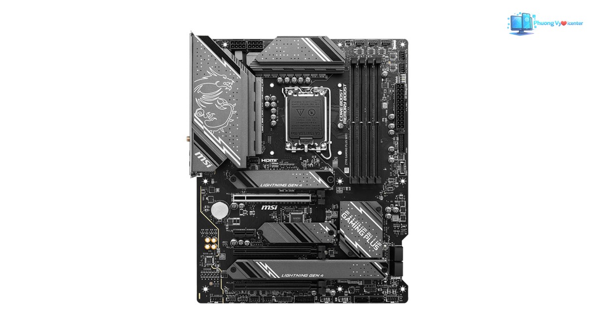 MSI Z790 GAMING PLUS WIFI nhìn từ mặt chính, thấy socket CPU, bốn khe RAM và các khe mở rộng