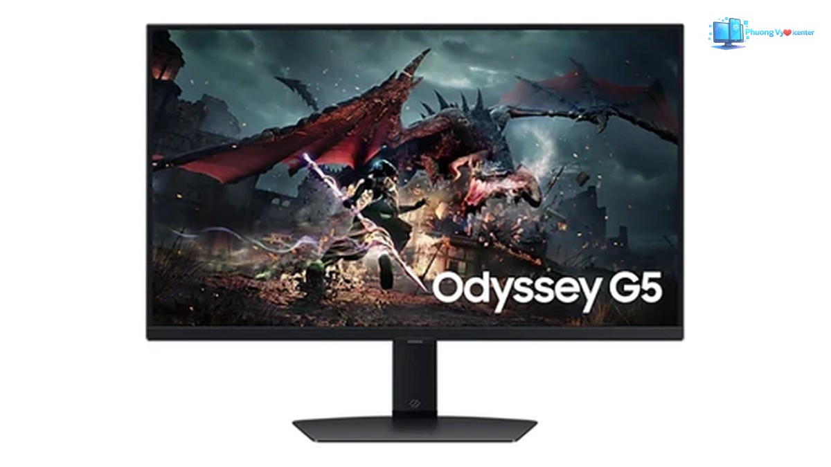 Samsung Odyssey G5 nhìn từ phía trước, hiển thị hình trò chơi và chữ Odyssey G5