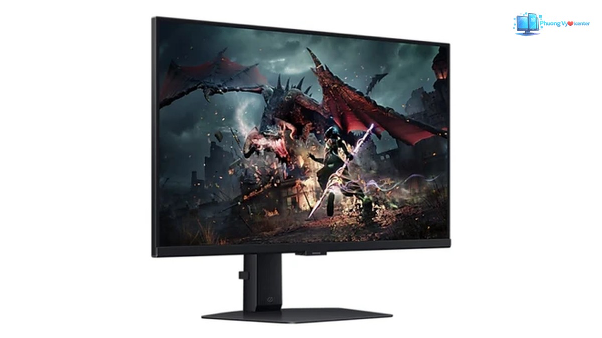 Samsung Odyssey G5 nhìn nghiêng, thấy mặt hiển thị, cạnh trái và chân đế