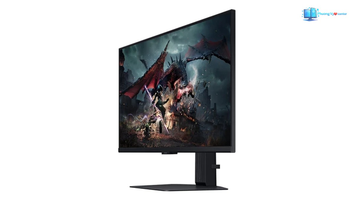 Samsung Odyssey G5 nhìn nghiêng từ bên phải, thấy mặt hiển thị và trụ chân đế