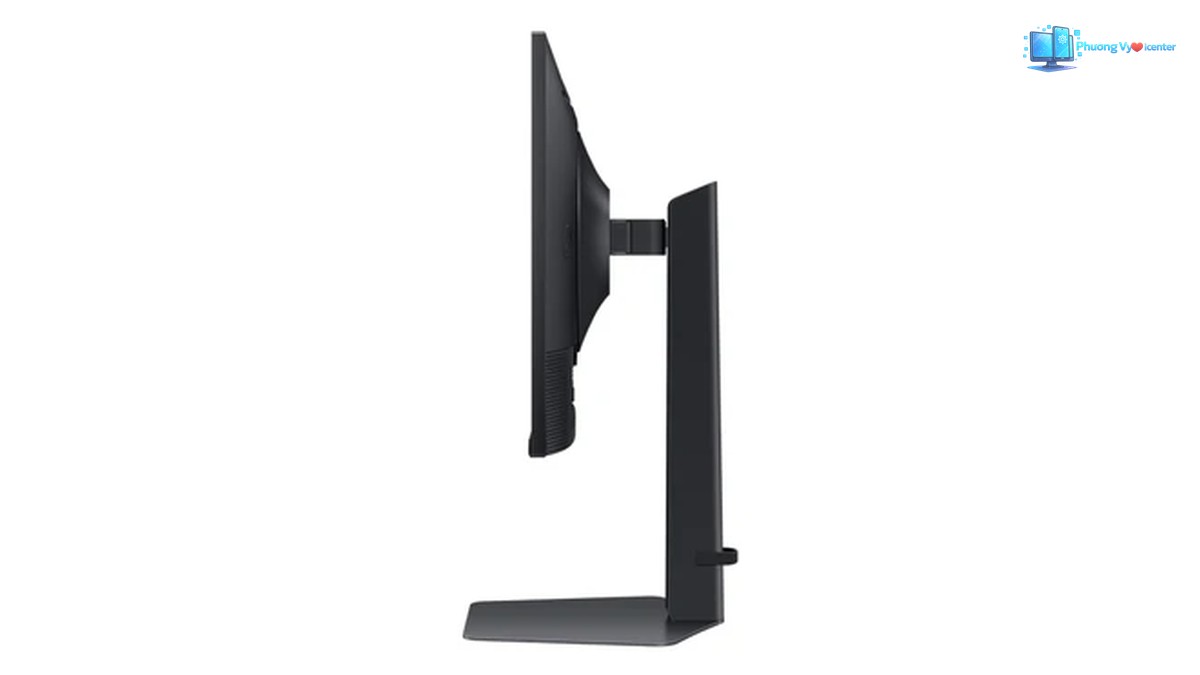 Samsung Odyssey G5 nhìn từ cạnh bên, thể hiện độ dày thân màn hình và trụ chân đế