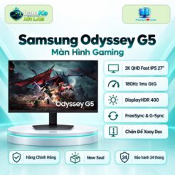 Màn hình Samsung Odyssey G5 trên đế tròn, với phông nền công nghệ