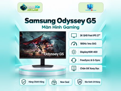 Màn hình Samsung Odyssey G5 trên đế tròn, với phông nền công nghệ