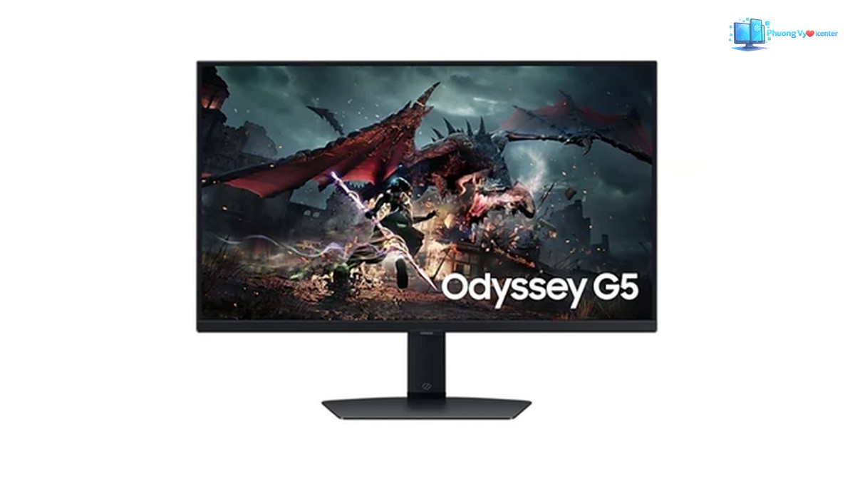 Samsung Odyssey G5 nhìn từ phía trước, hiển thị hình trò chơi và chữ Odyssey G5