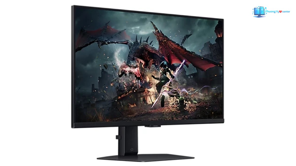 Samsung Odyssey G5 nhìn nghiêng, thấy mặt hiển thị, cạnh trái và chân đế