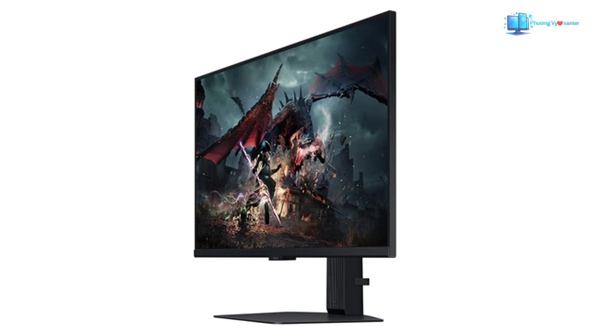 Samsung Odyssey G5 nhìn nghiêng từ bên phải, thấy mặt hiển thị và trụ chân đế
