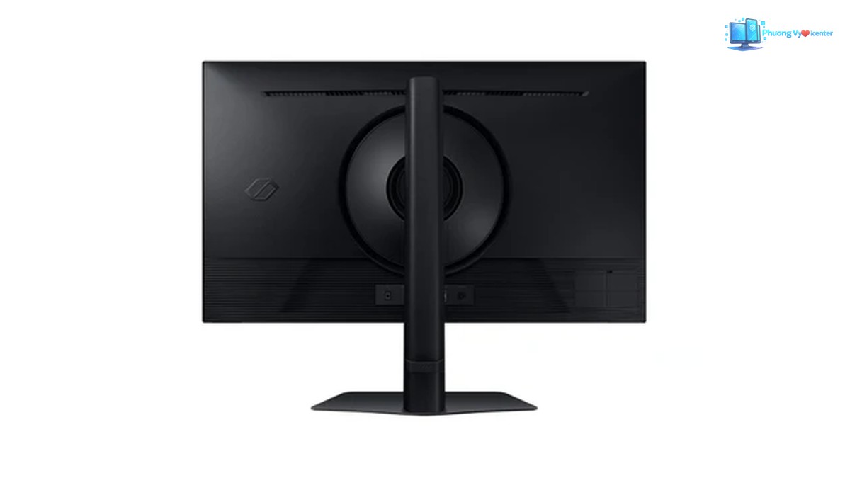 Mặt sau Samsung Odyssey G5 màu đen, có vùng gắn chân tròn, khe thoát nhiệt và trụ đế