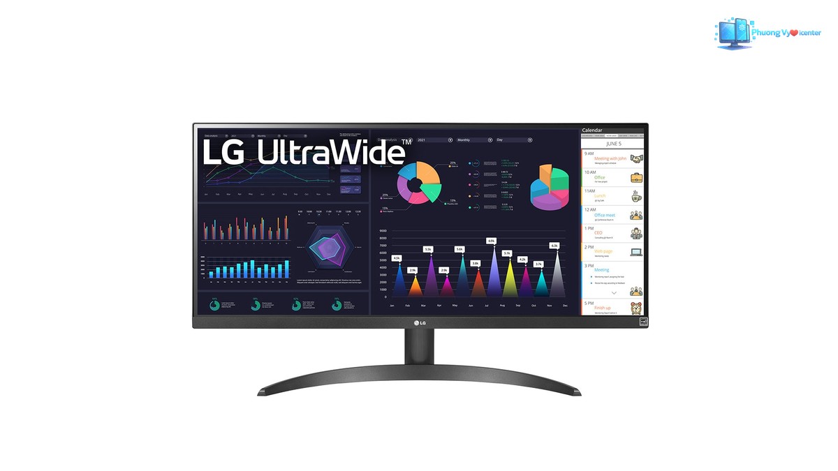 Mặt trước LG 29WQ500 hiển thị biểu đồ, bên dưới là chân đế cong