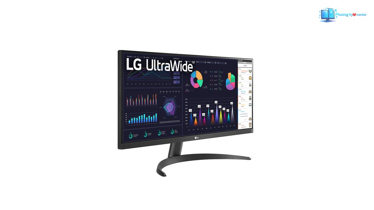 LG 29WQ500 chụp nghiêng, thấy mặt hiển thị, cạnh bên và chân đế cong