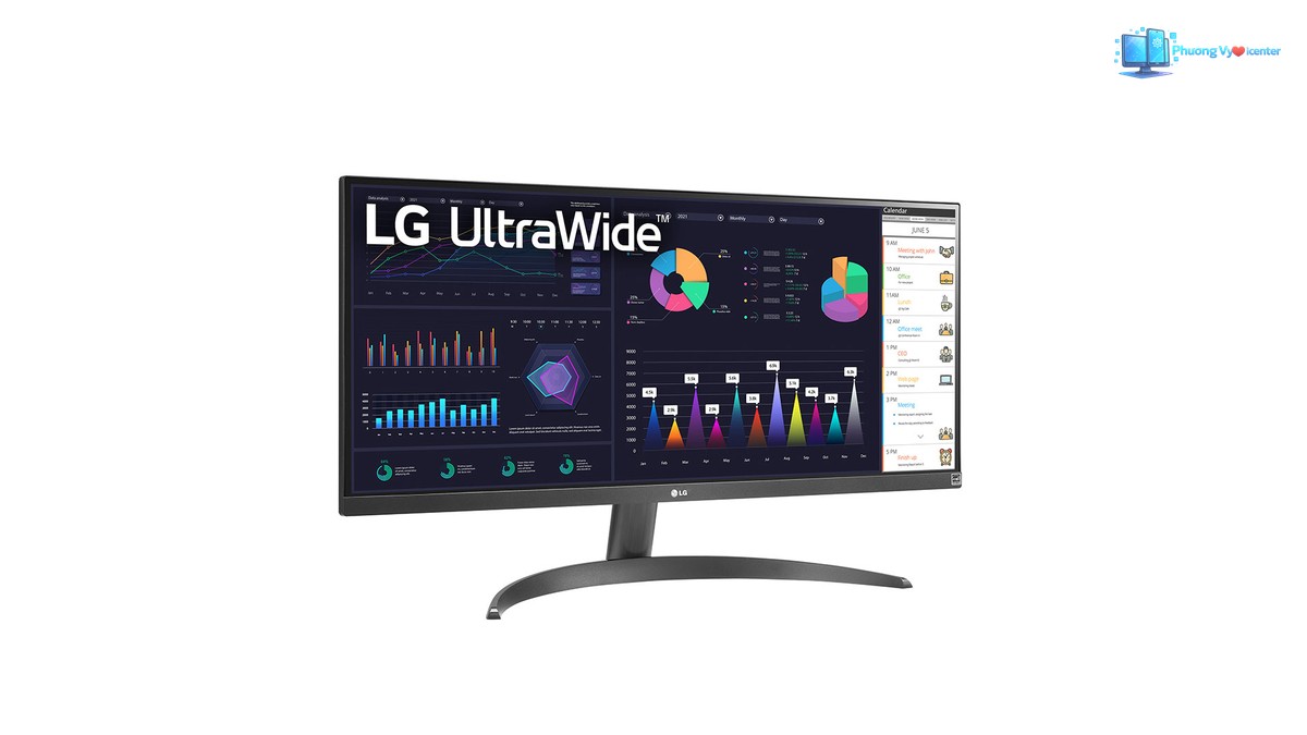 LG 29WQ500 nghiêng nhẹ, hiển thị biểu đồ và chân đế cong trên nền trắng