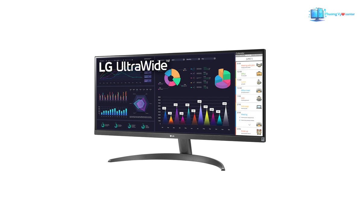 LG 29WQ500 nhìn nghiêng từ phía đối diện, thấy mặt màn hình và chân đế cong