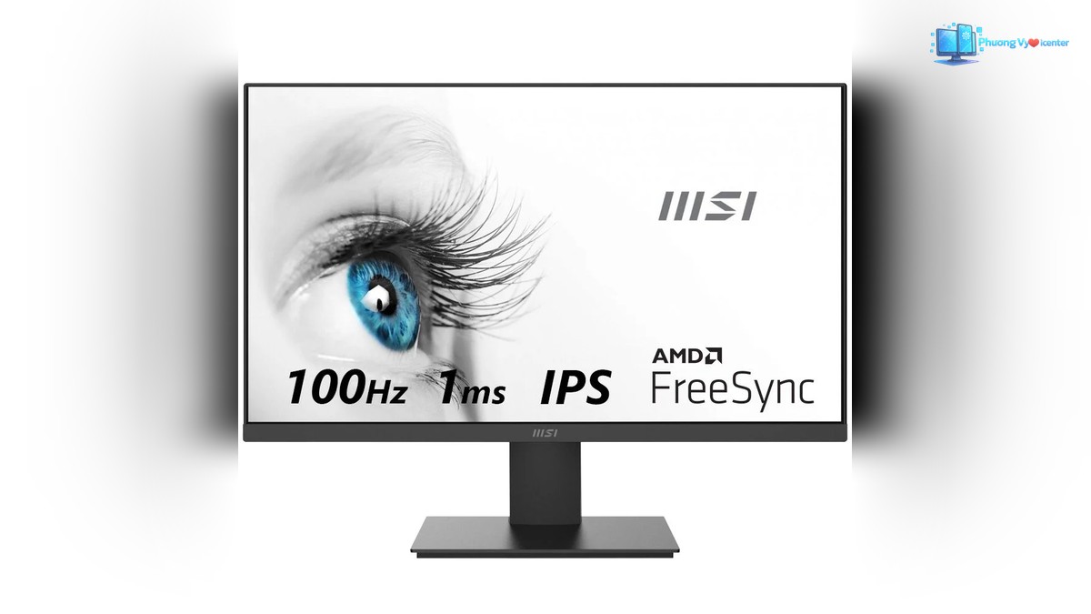 Màn hình MSI PRO MP251 nhìn chính diện, hiển thị hình con mắt và chữ trên nền trắng