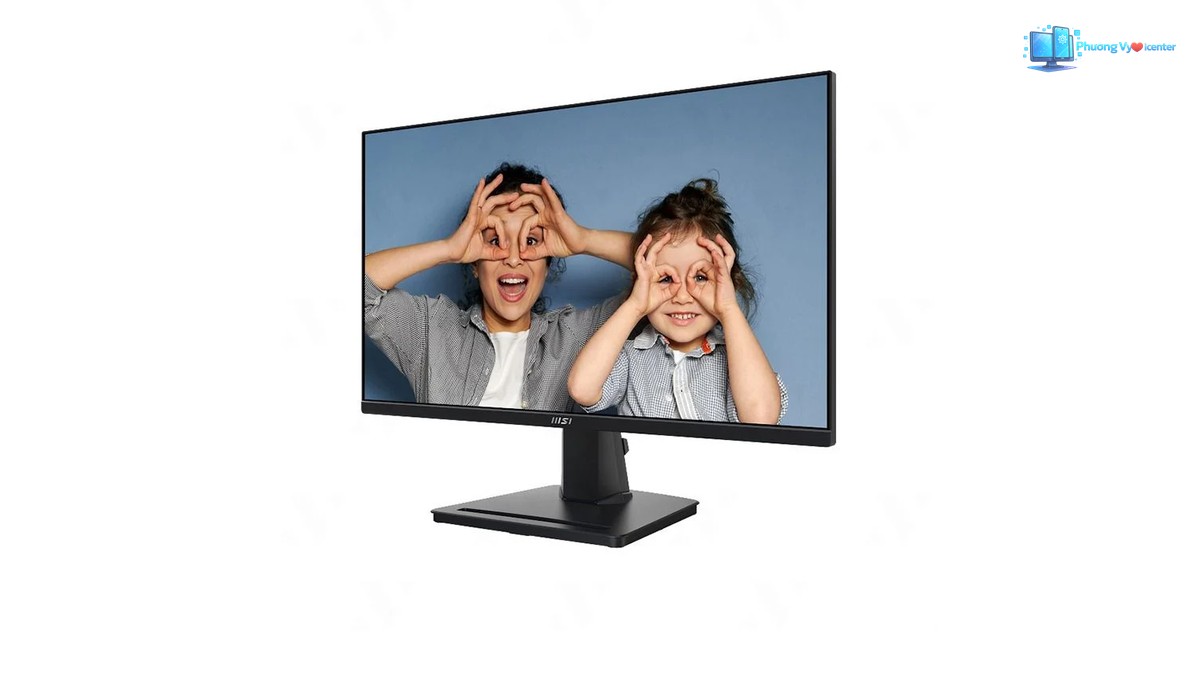 Màn hình MSI PRO MP251 chụp góc nghiêng, hiển thị hai người và thấy cạnh bên cùng chân đế