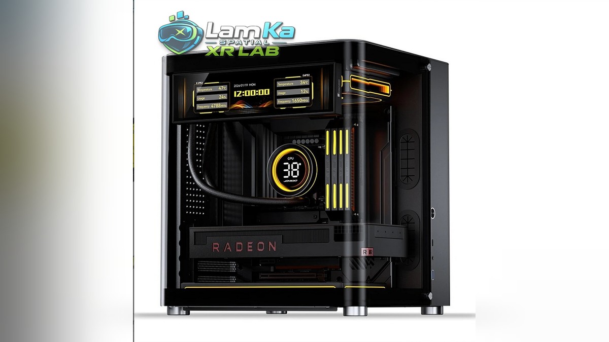 JONSBO DS916 nằm ngang trong thùng máy, hiển thị giờ và thông tin hệ thống