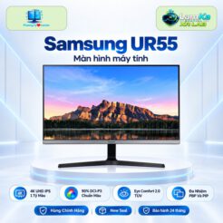 Màn hình Samsung UR55 trên đế tròn, đặt trong bối cảnh nền công nghệ