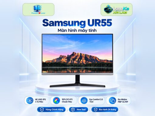 Màn hình Samsung UR55 trên đế tròn, đặt trong bối cảnh nền công nghệ