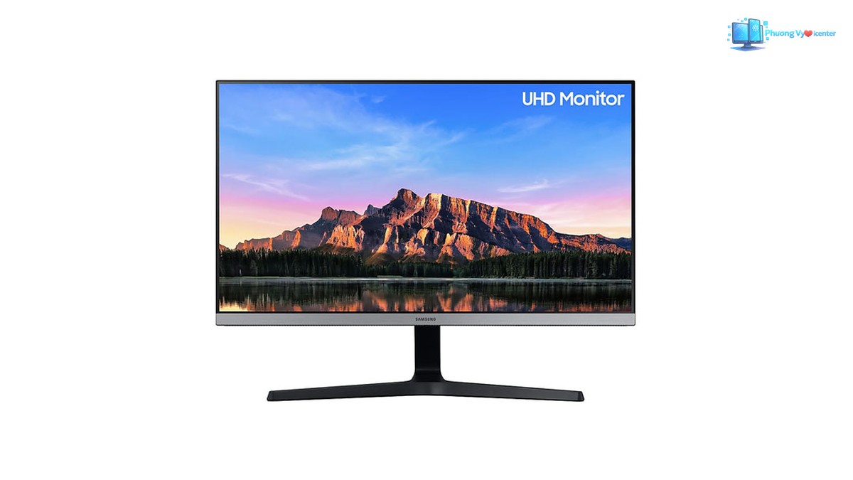 Mặt trước Samsung UR55 hiển thị phong cảnh núi và hồ cùng chân đế