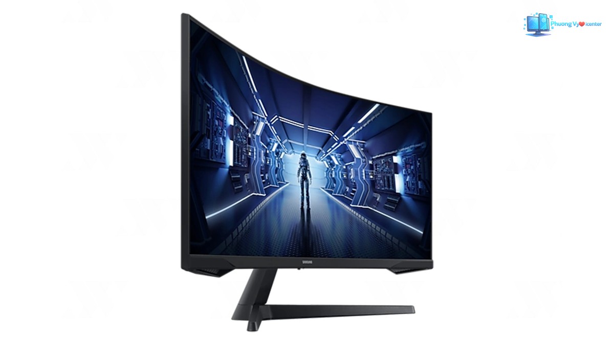 Samsung Odyssey G5 ở góc nghiêng, thể hiện độ cong, cạnh bên và chân đế
