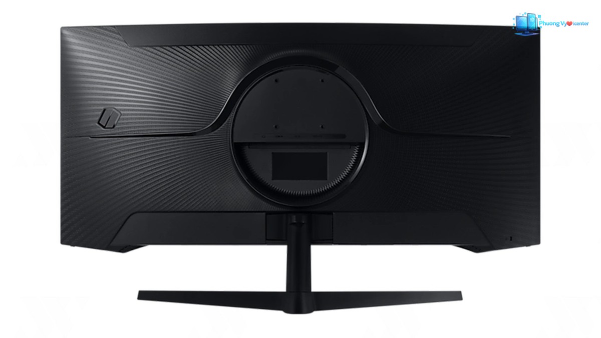 Samsung Odyssey G5 nhìn từ mặt sau màu đen, có họa tiết sọc, cụm tròn ở giữa và chân đế