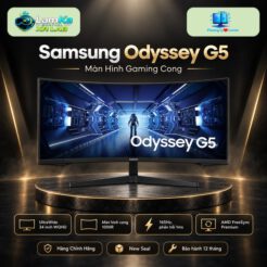 Màn hình Samsung Odyssey G5 cong trưng bày trên đế tròn với nền công nghệ