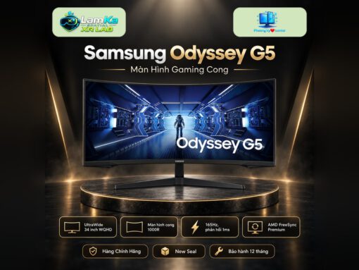 Màn hình Samsung Odyssey G5 cong trưng bày trên đế tròn với nền công nghệ