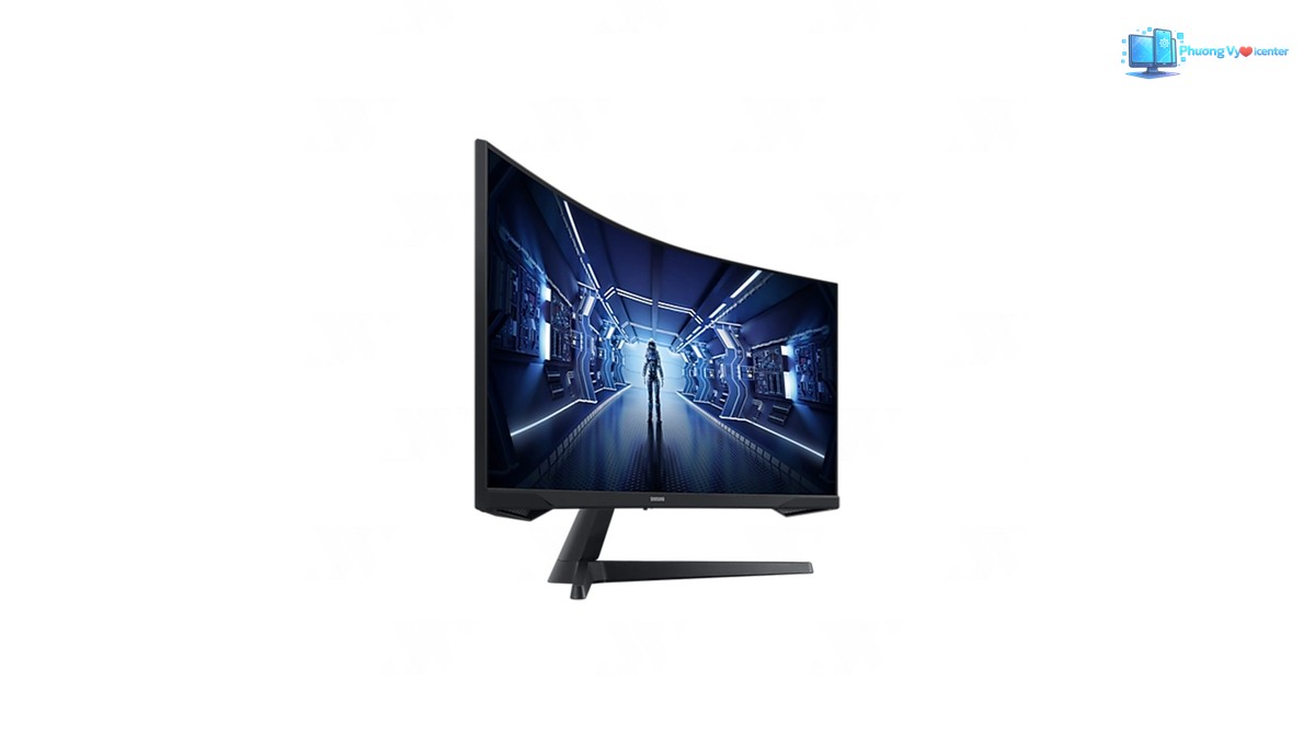 Samsung Odyssey G5 ở góc nghiêng, thể hiện độ cong, cạnh bên và chân đế