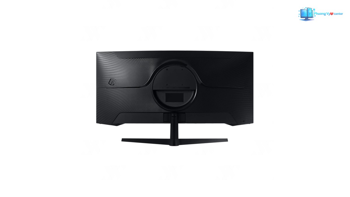 Samsung Odyssey G5 nhìn từ mặt sau màu đen, có họa tiết sọc, cụm tròn ở giữa và chân đế