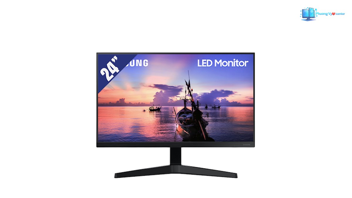 Samsung LF24T350FHEXXV nhìn chính diện, hiển thị cảnh thuyền lúc hoàng hôn