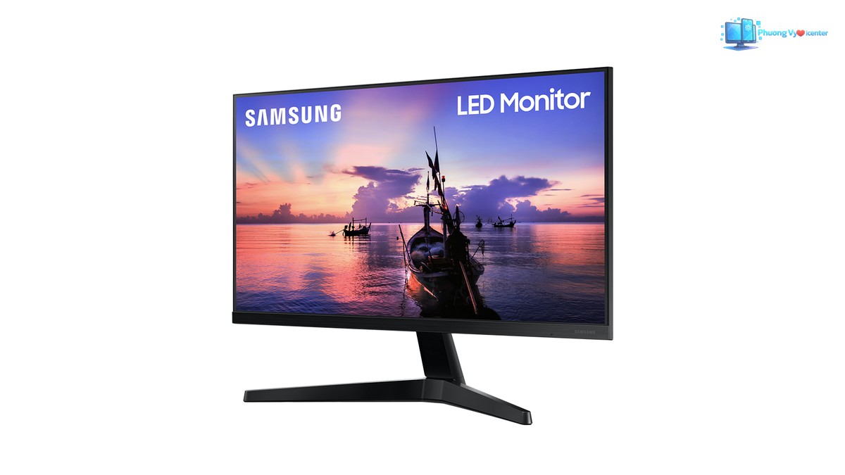 Samsung LF24T350FHEXXV nhìn nghiêng, thấy mặt hiển thị, cạnh phải và chân đế