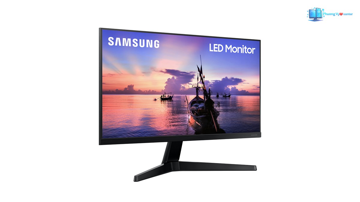Samsung LF24T350FHEXXV nhìn nghiêng từ phía đối diện, thấy cạnh trái và chân đế