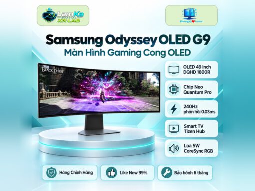 Màn hình Samsung Odyssey OLED G9 trên đế tròn với nền công nghệ