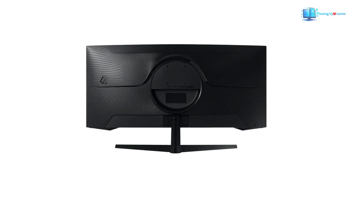 Mặt sau Samsung Odyssey G5 với vân nổi, cụm tròn ở giữa và chân đế