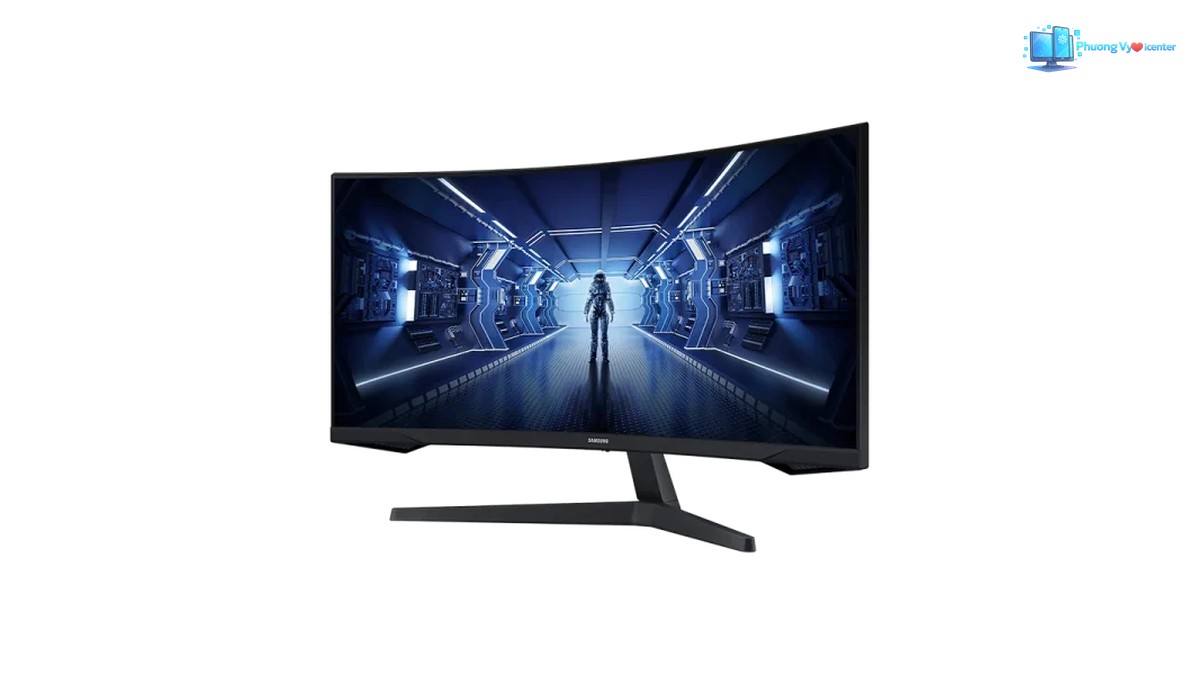 Samsung Odyssey G5 nhìn nghiêng, thấy mặt hiển thị, cạnh phải và chân đế chữ V