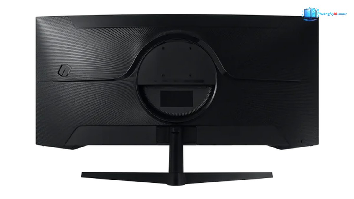 Mặt sau Samsung Odyssey G5 với vân nổi, cụm tròn ở giữa và chân đế