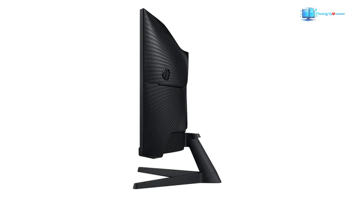 Samsung Odyssey G5 nhìn từ cạnh bên, thể hiện độ cong màn hình và chân đế