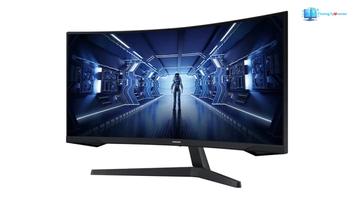 Samsung Odyssey G5 nhìn nghiêng, thấy mặt hiển thị, cạnh phải và chân đế chữ V