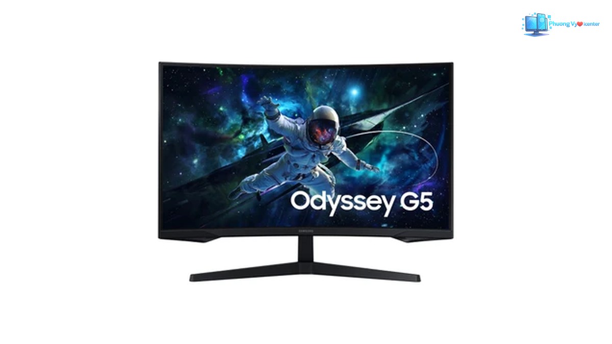 Samsung Odyssey G5 LS32CG552 nhìn chính diện, hiển thị hình phi hành gia và chữ Odyssey G5