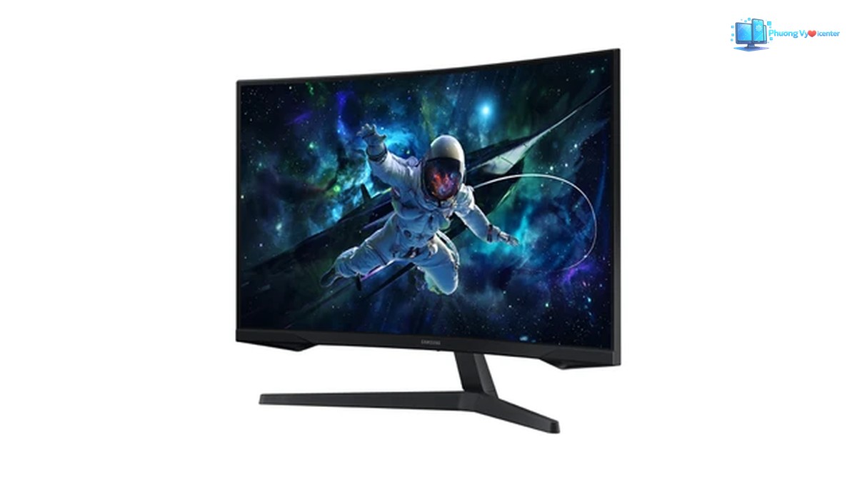 Samsung Odyssey G5 LS32CG552 nhìn nghiêng, thấy mặt hiển thị, cạnh bên và chân đế