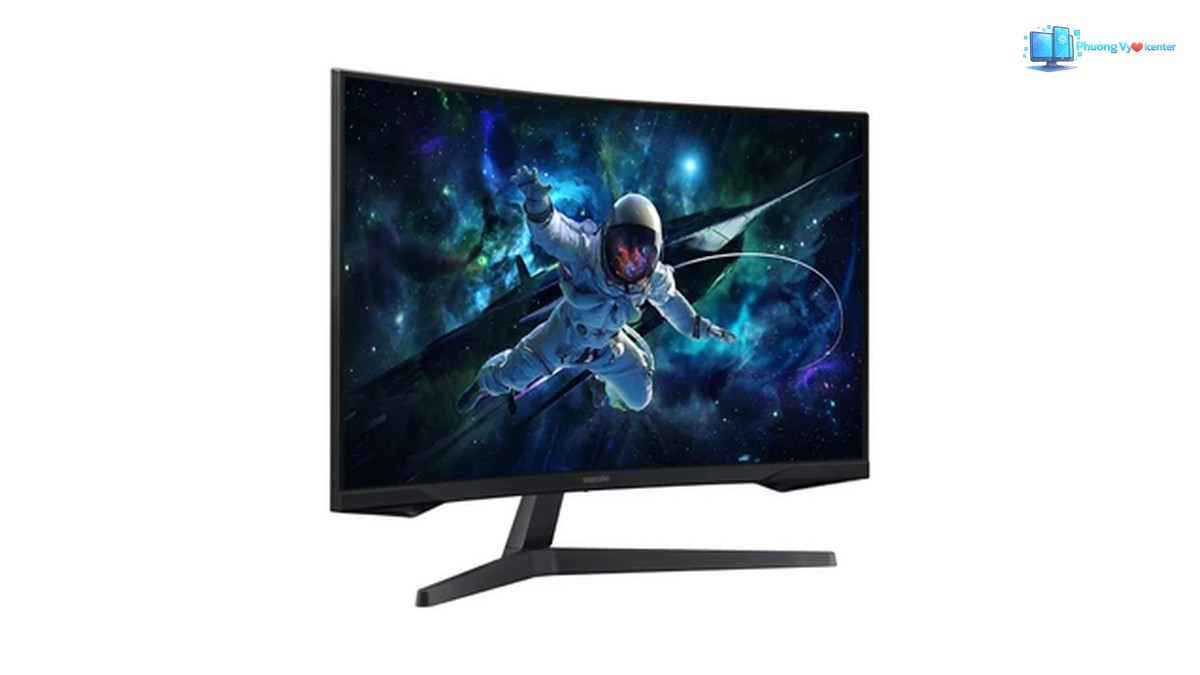 Samsung Odyssey G5 LS32CG552 nhìn nghiêng từ phía đối diện, hiển thị hình phi hành gia