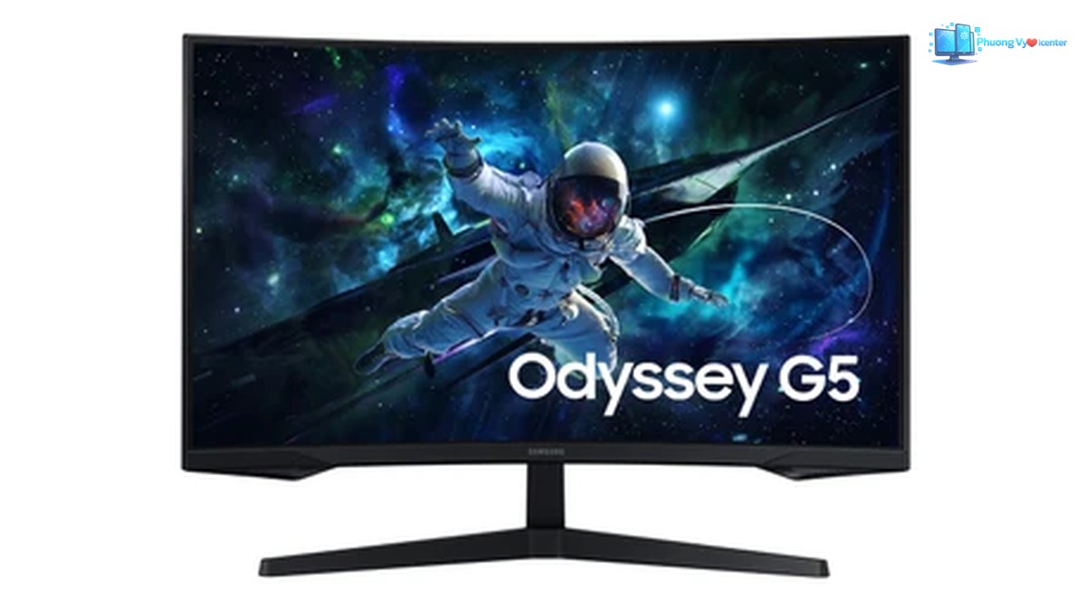 Samsung Odyssey G5 LS32CG552 nhìn chính diện, hiển thị hình phi hành gia và chữ Odyssey G5